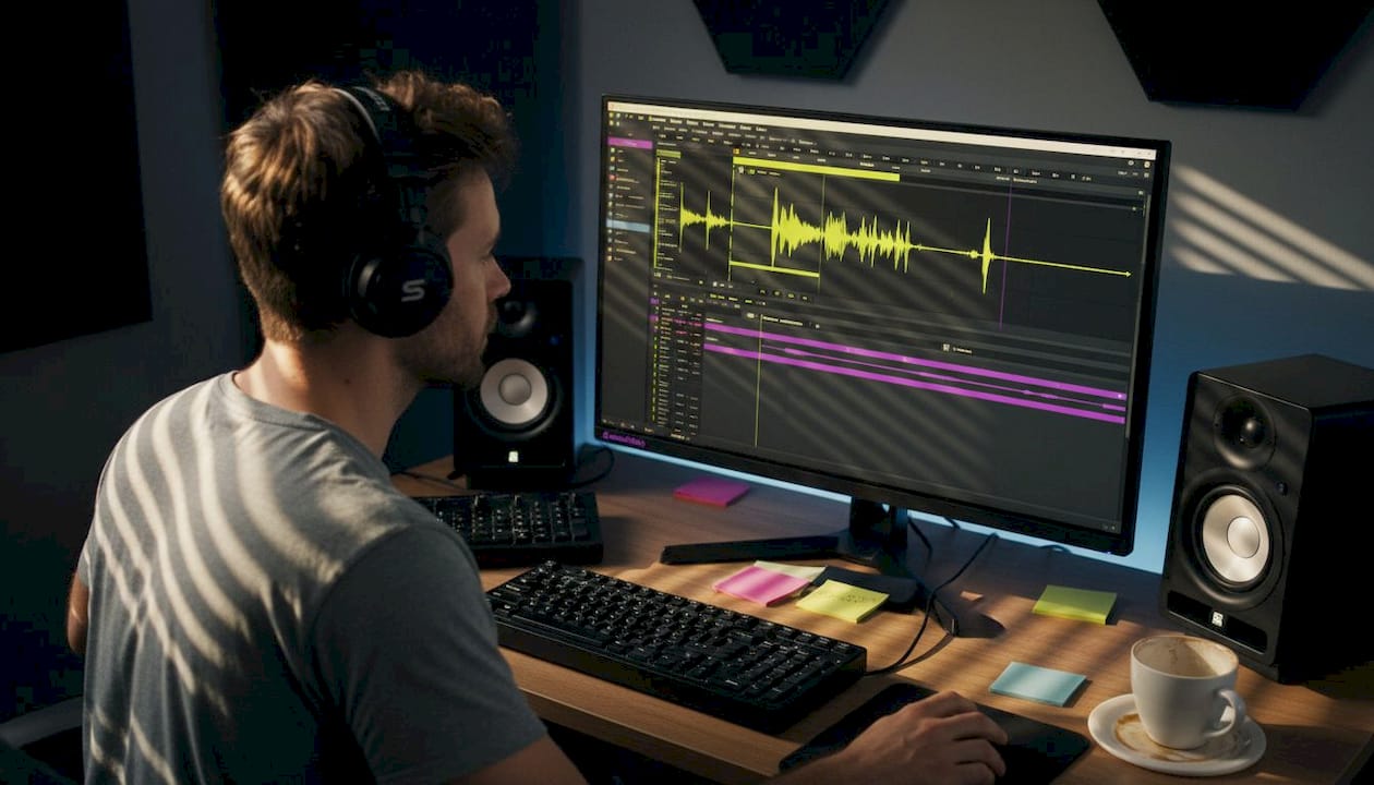 Audio producer editing tracks in home studio