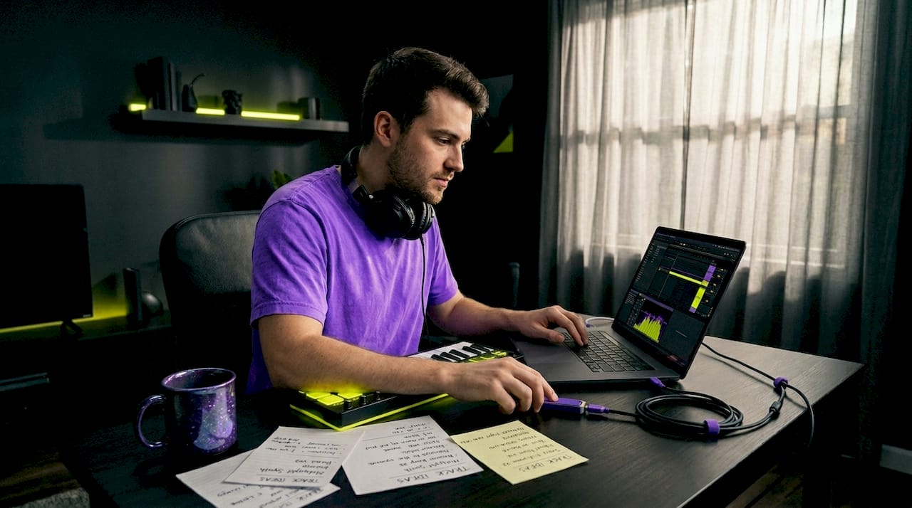Music producer exchanging files in home studio