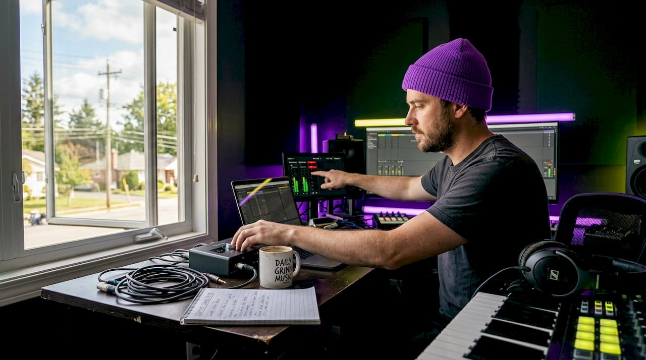 Producer adjusting audio interface in home studio