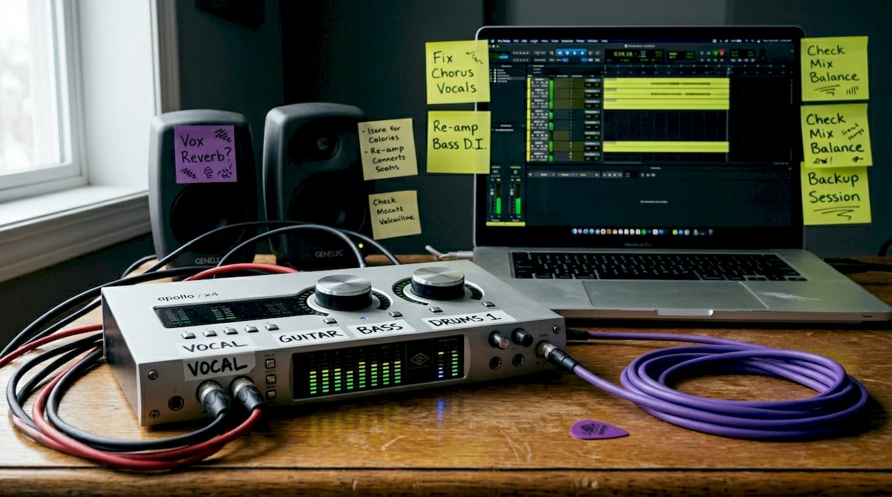 Close-up desktop audio interface with cables and notes