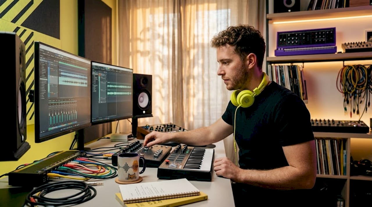 Producer working in home studio DAW