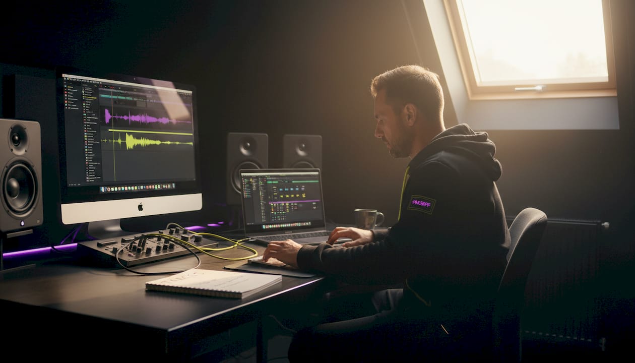 This is an image of a producer comparing Mac and Windows DAWs in a home studio