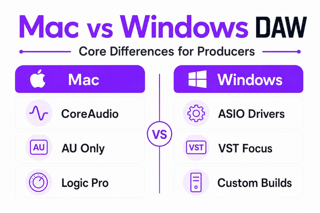 Infographic comparing DAW features Mac vs Windows