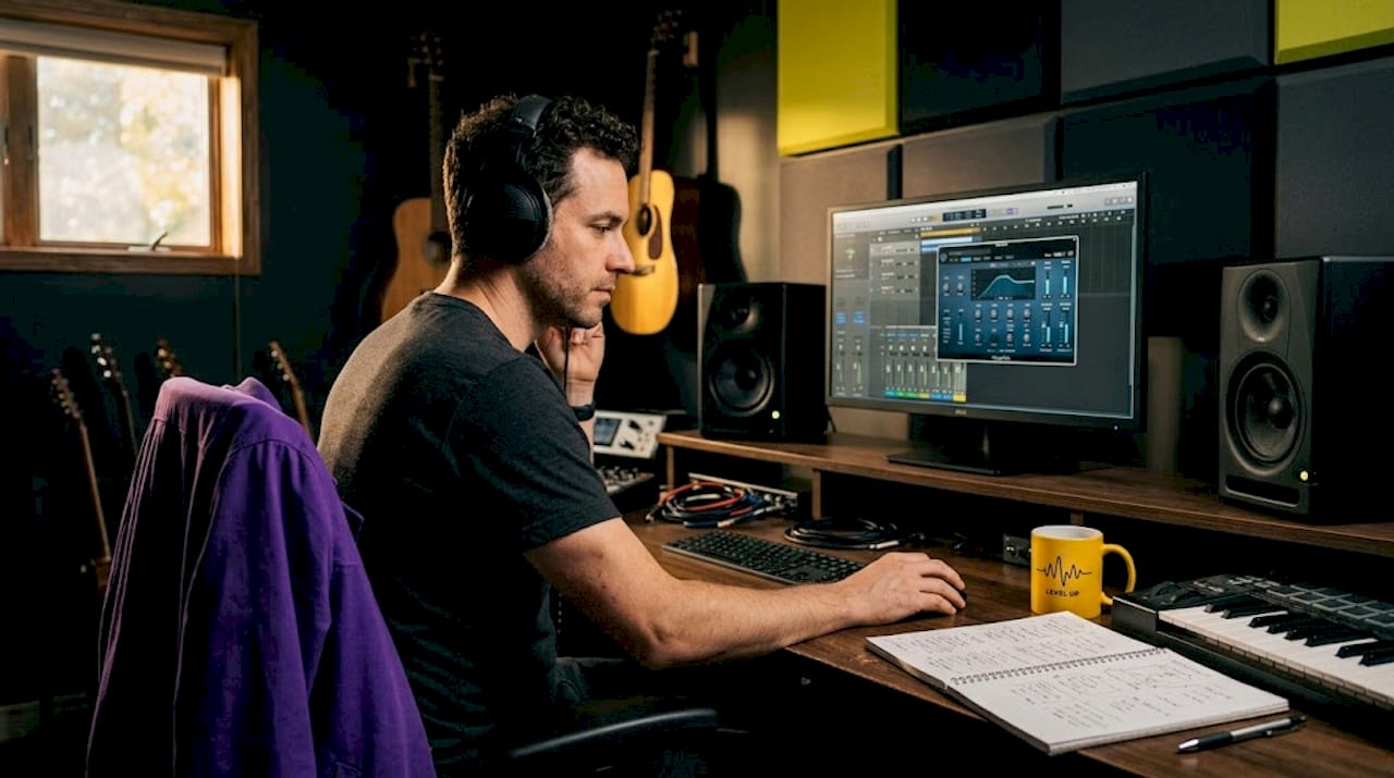 Audio engineer mastering track in home studio