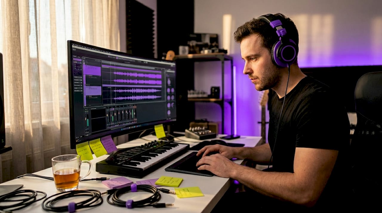 Music producer editing audio in home studio