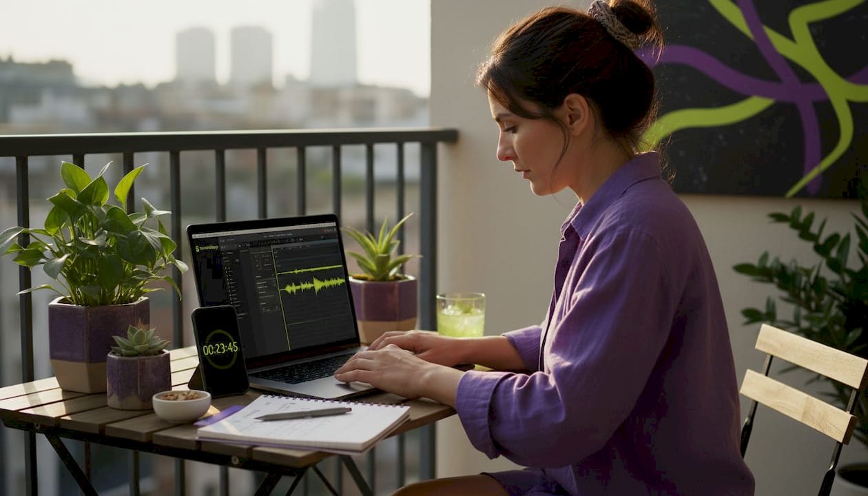 Producer editing audio on laptop at kitchen table