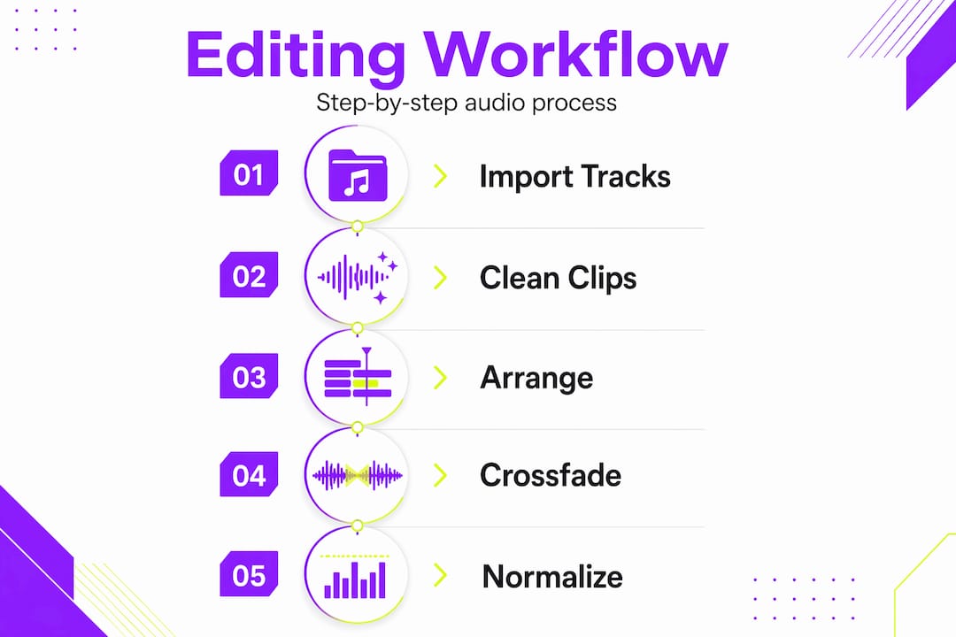 Audio editing workflow steps vertical infographic
