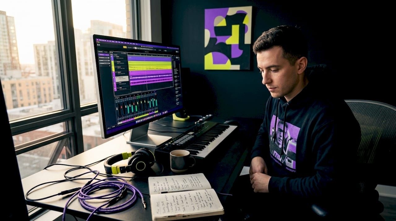 Musician working with DAW in home studio