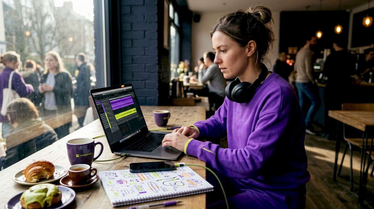 Woman editing music tracks on laptop at kitchen table