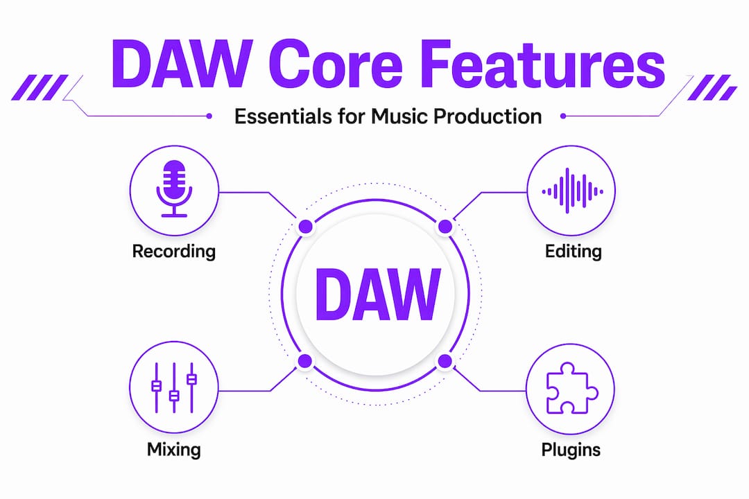 Hierarchy infographic showing core DAW features