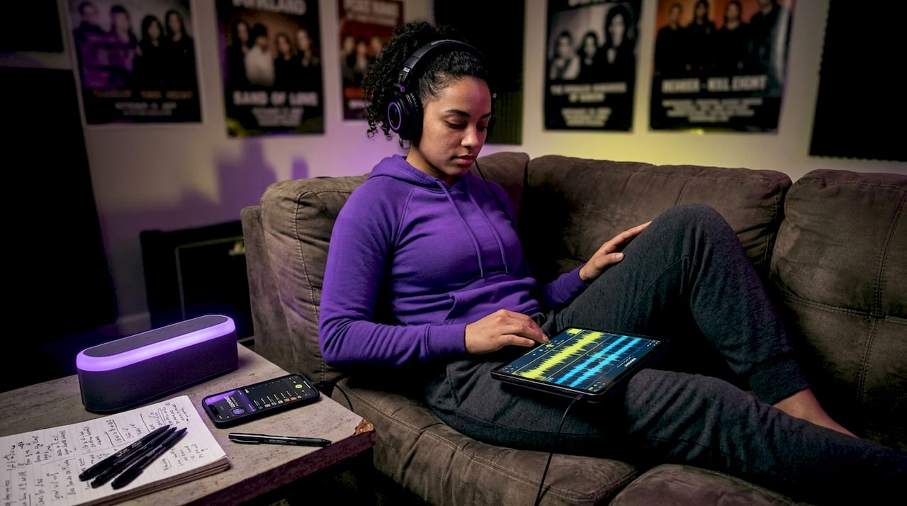 Mix engineer testing audio on various devices