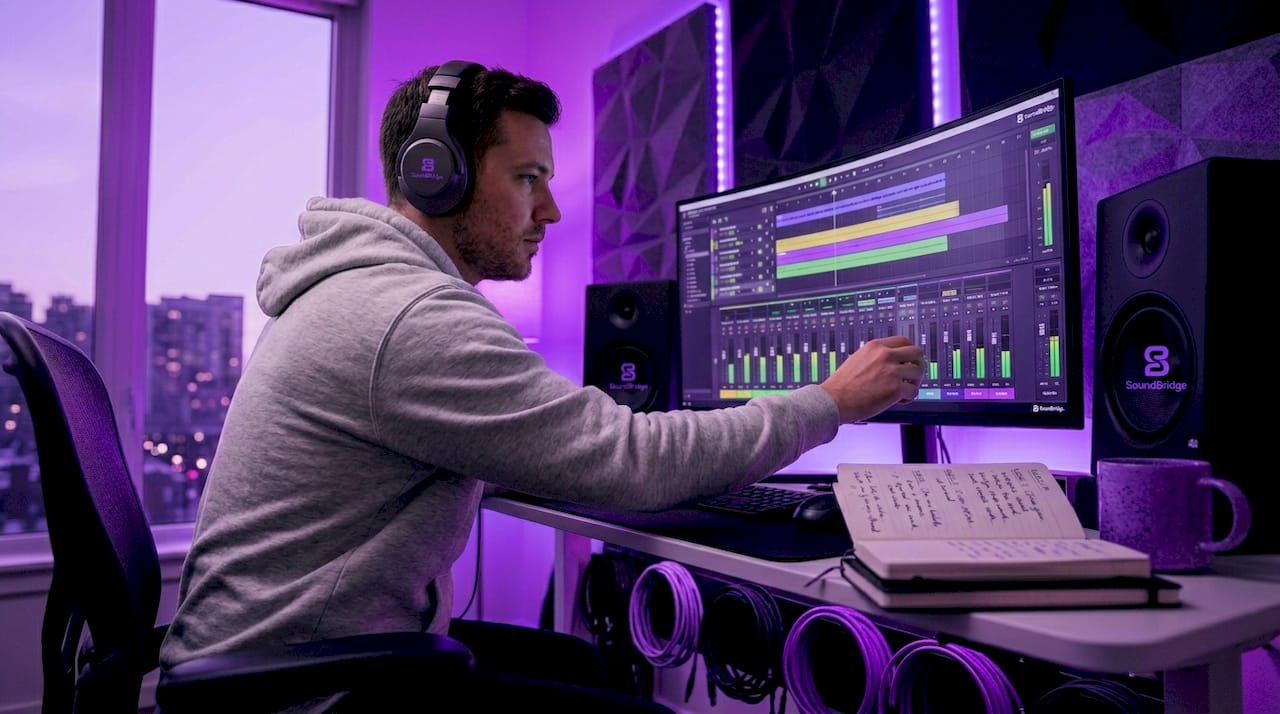 Producer mixing audio in home studio workspace