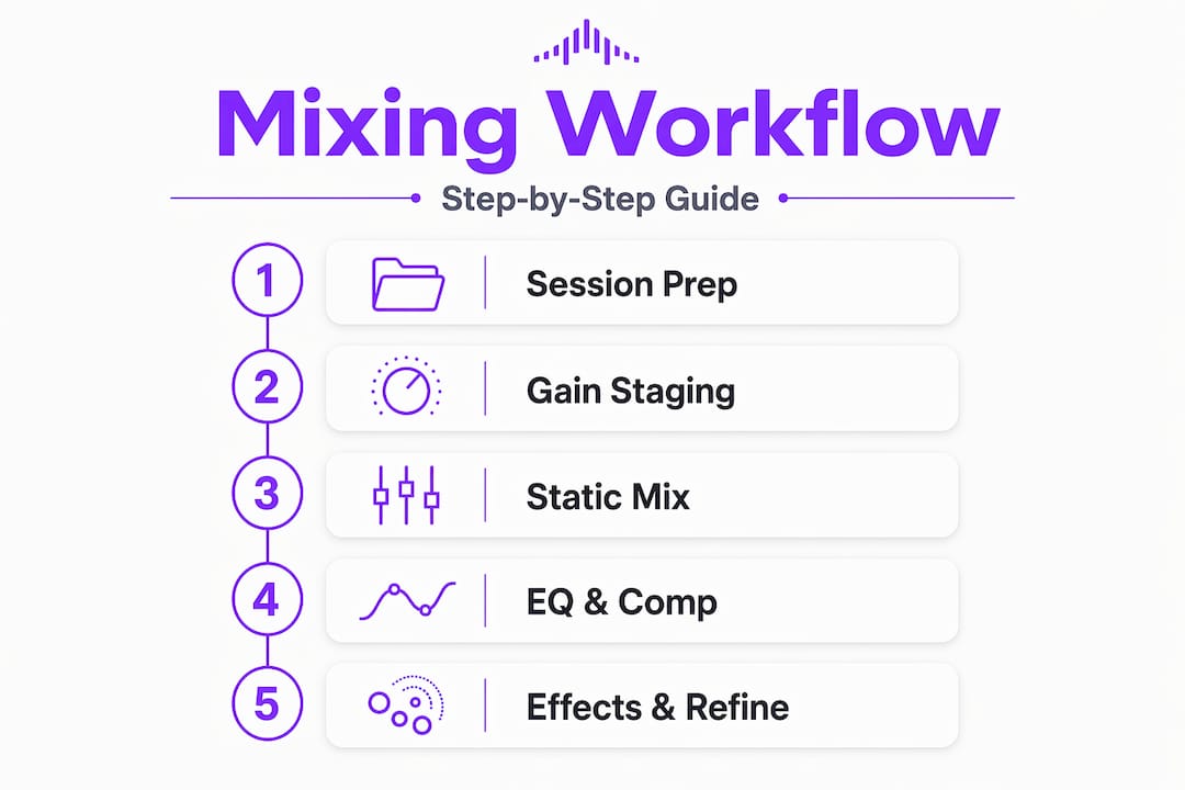 Infographic showing step-by-step audio mixing workflow