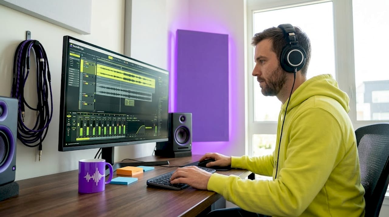 Man editing audio tracks in home studio workspace