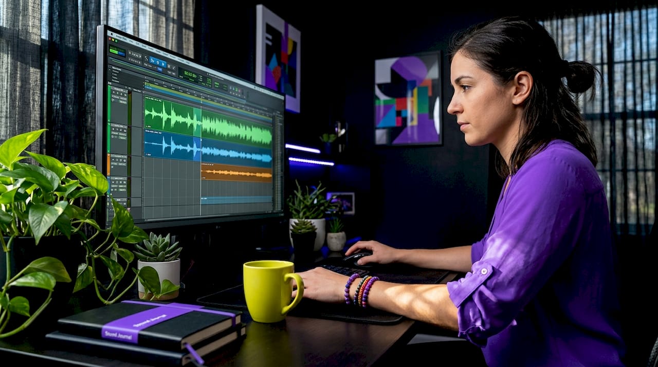 Woman performing audio track editing steps
