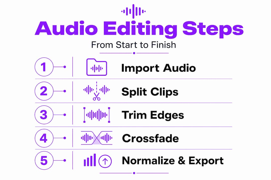 Infographic outlining five key audio editing steps
