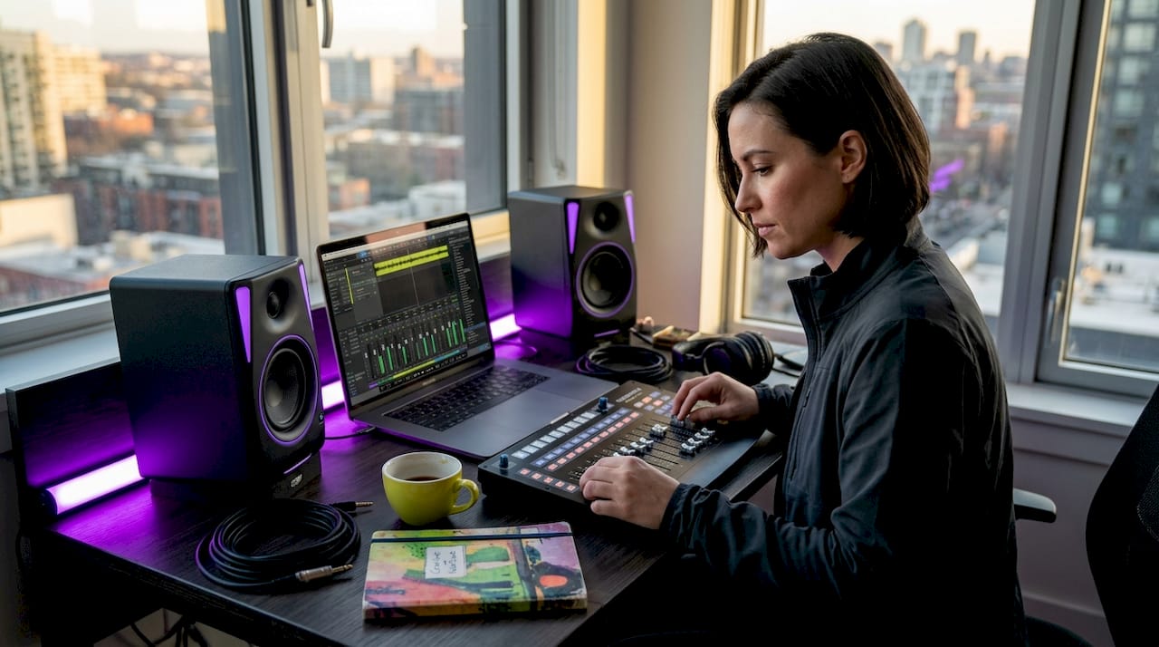 Woman mixing music at home studio desk