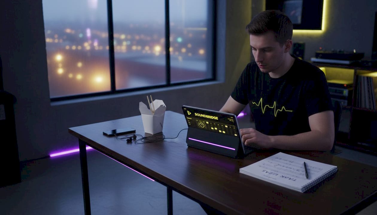 Man using online mixing tool at kitchen table