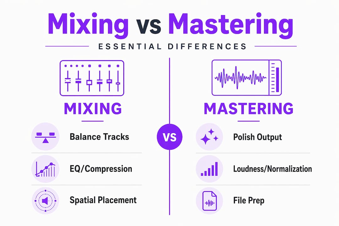 Infographic comparing mixing and mastering steps