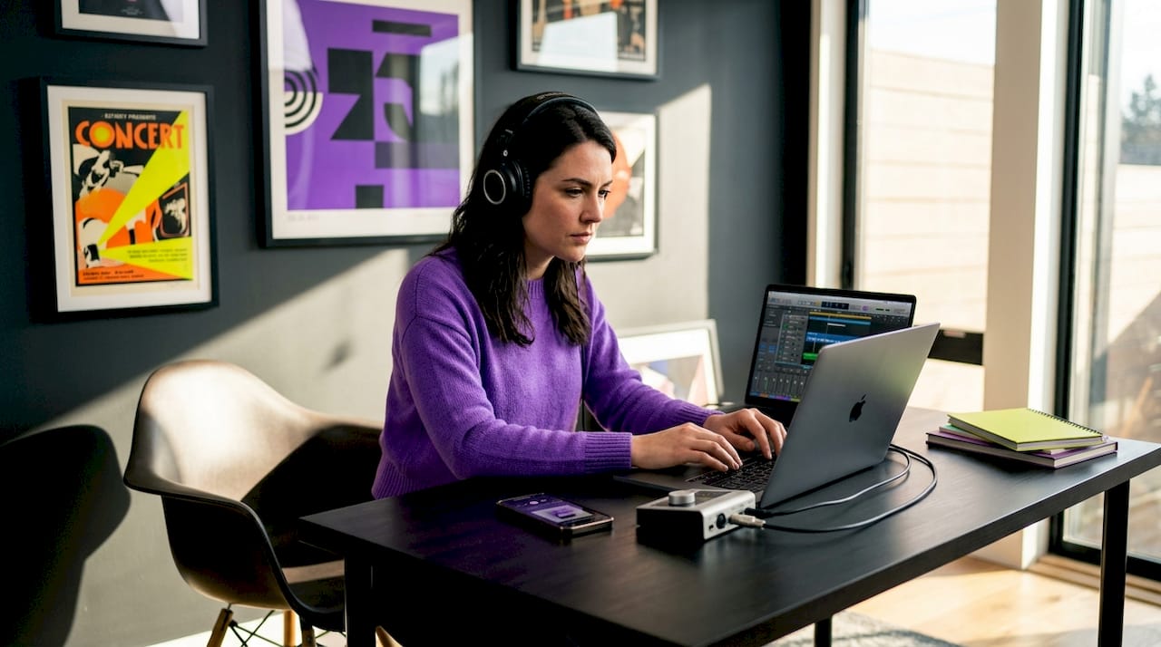 Woman learning DAW in living room workspace