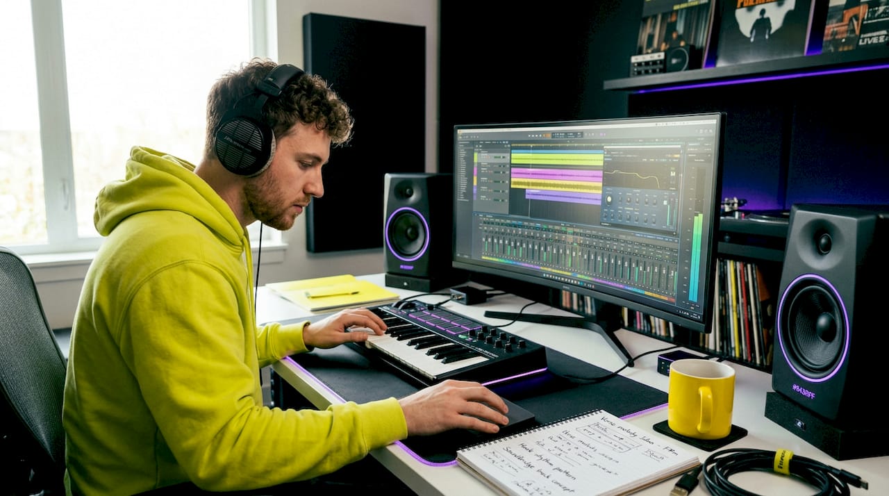 Musician using DAW in home studio