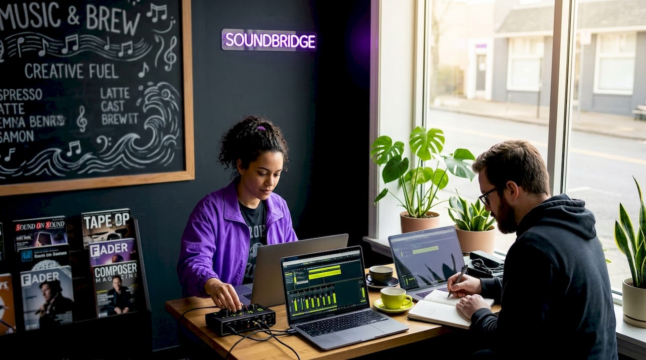Collaborators working with cloud music tools in living room
