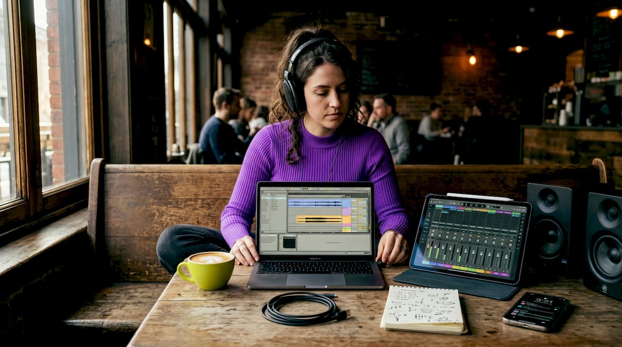 Producer working on music in a bright kitchen