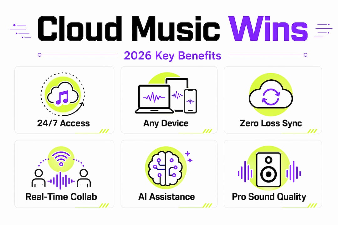 Benefits of cloud music production infographic