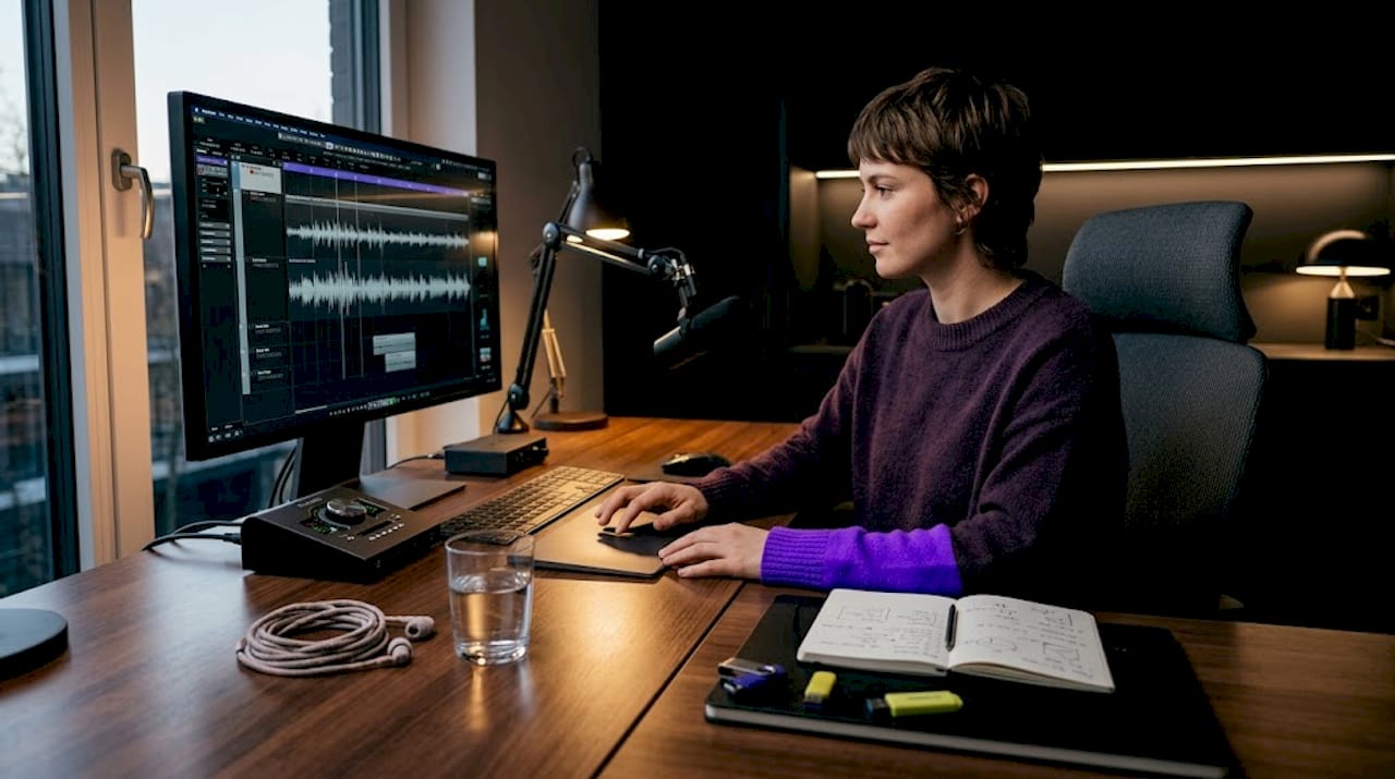 Person editing audio tracks on laptop at table