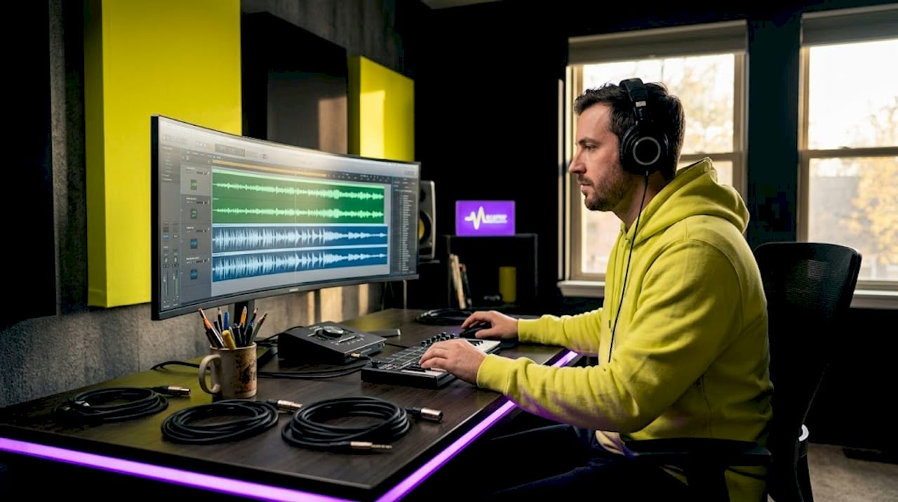 Audio editor working at home studio desk