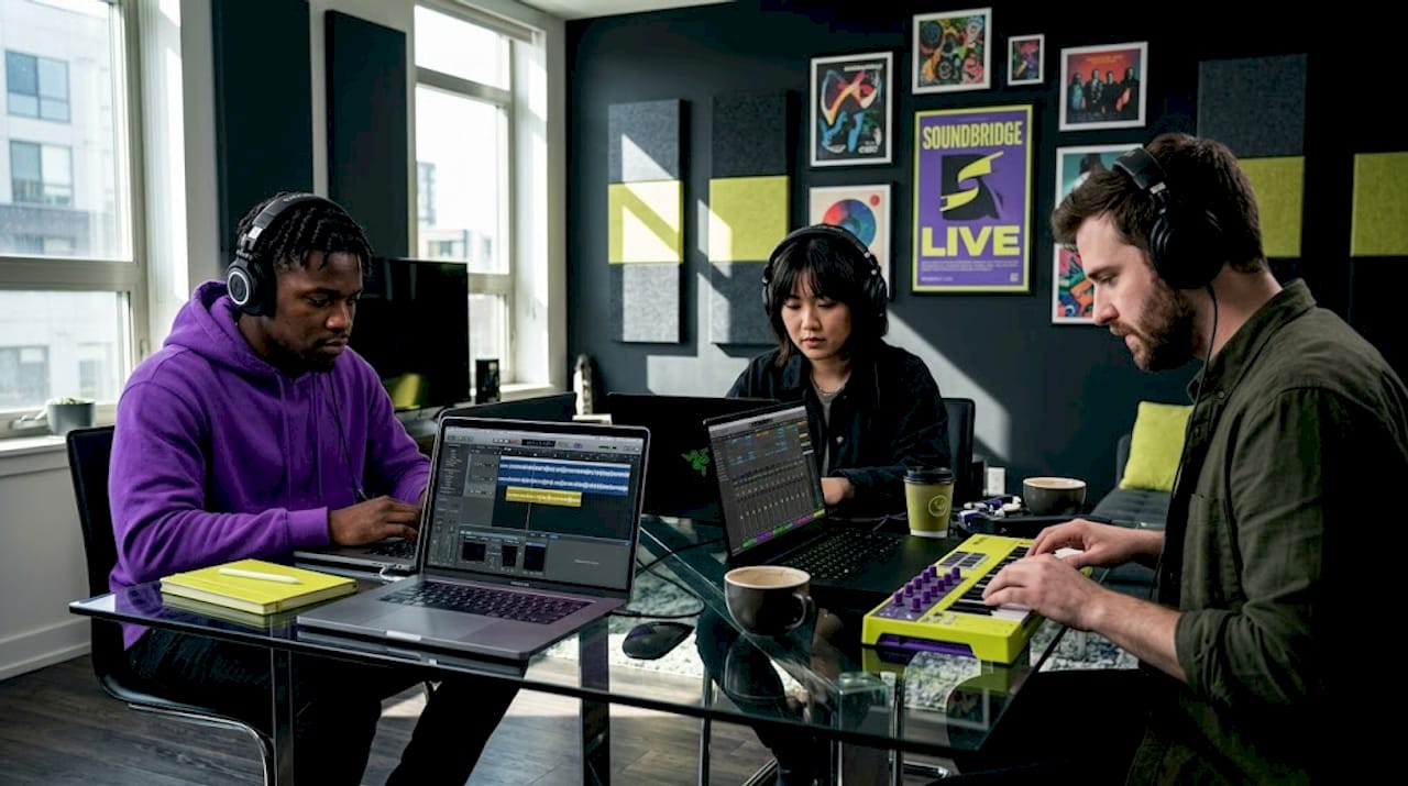 Musicians collaborating on laptops in home studio