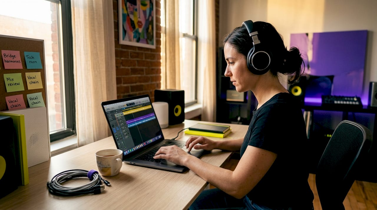 Woman editing music tracks in browser at home desk