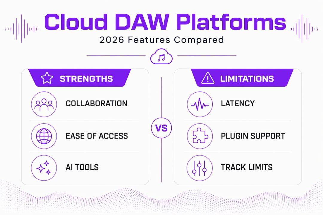Infographic comparing strengths and limitations of cloud DAWs