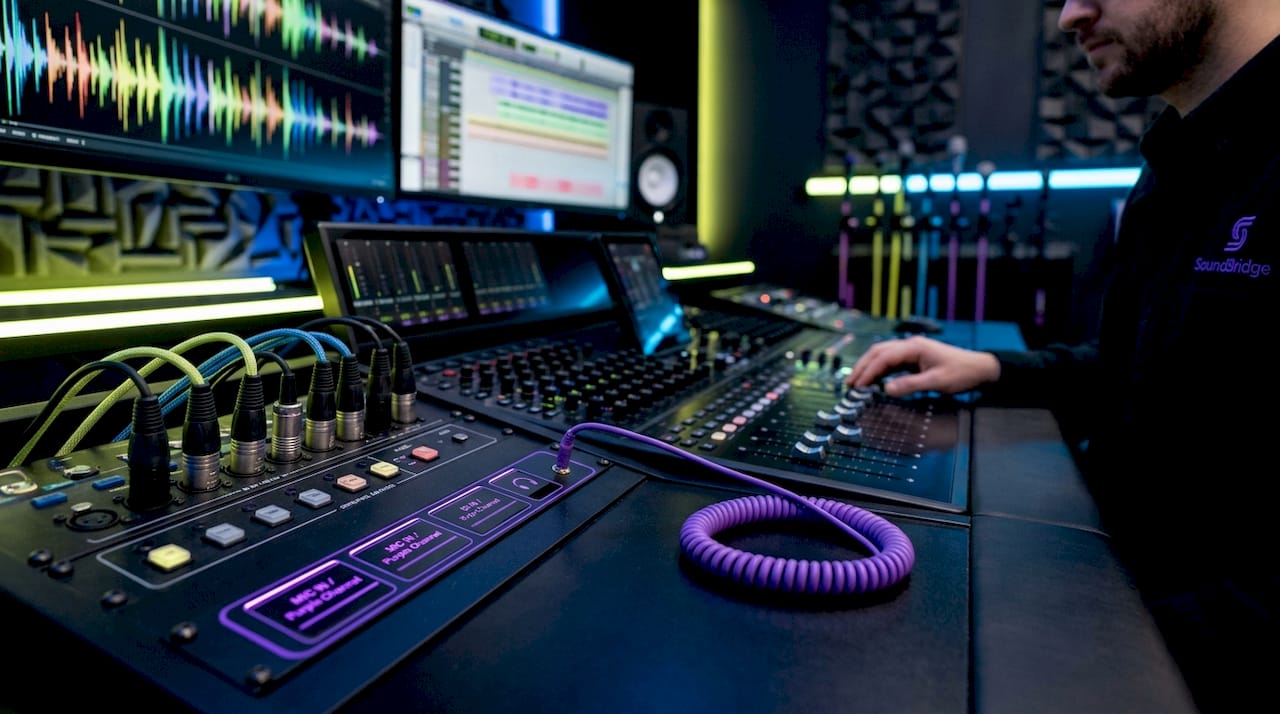 Close-up of digital audio mixing console with cables