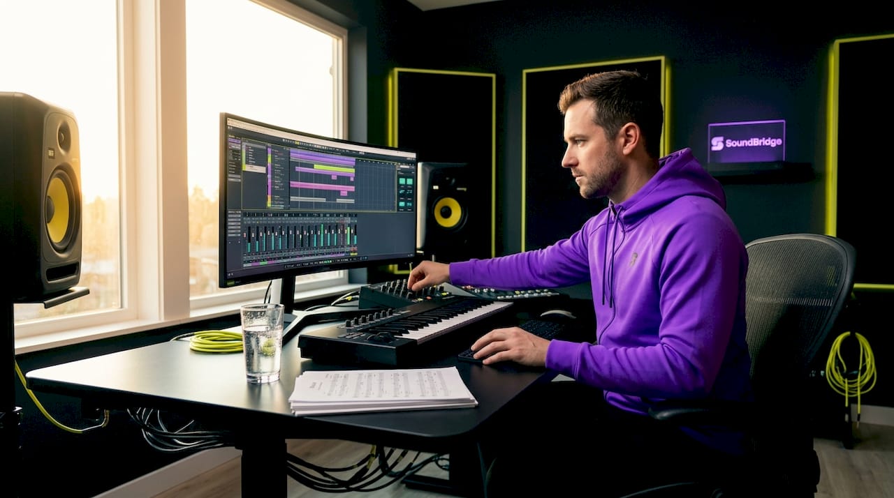 Music producer working real-time audio setup at home studio