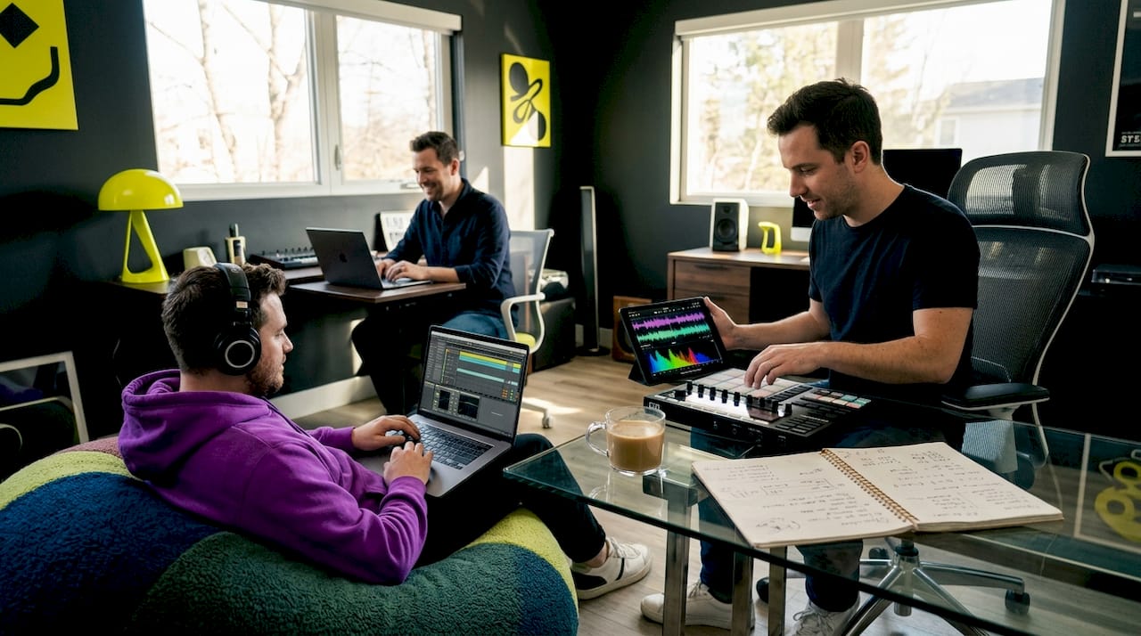 Remote music producers collaborating in living room