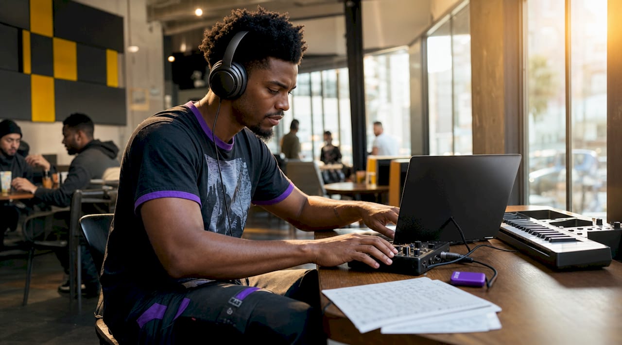 Musician using audio interface for real-time collaboration