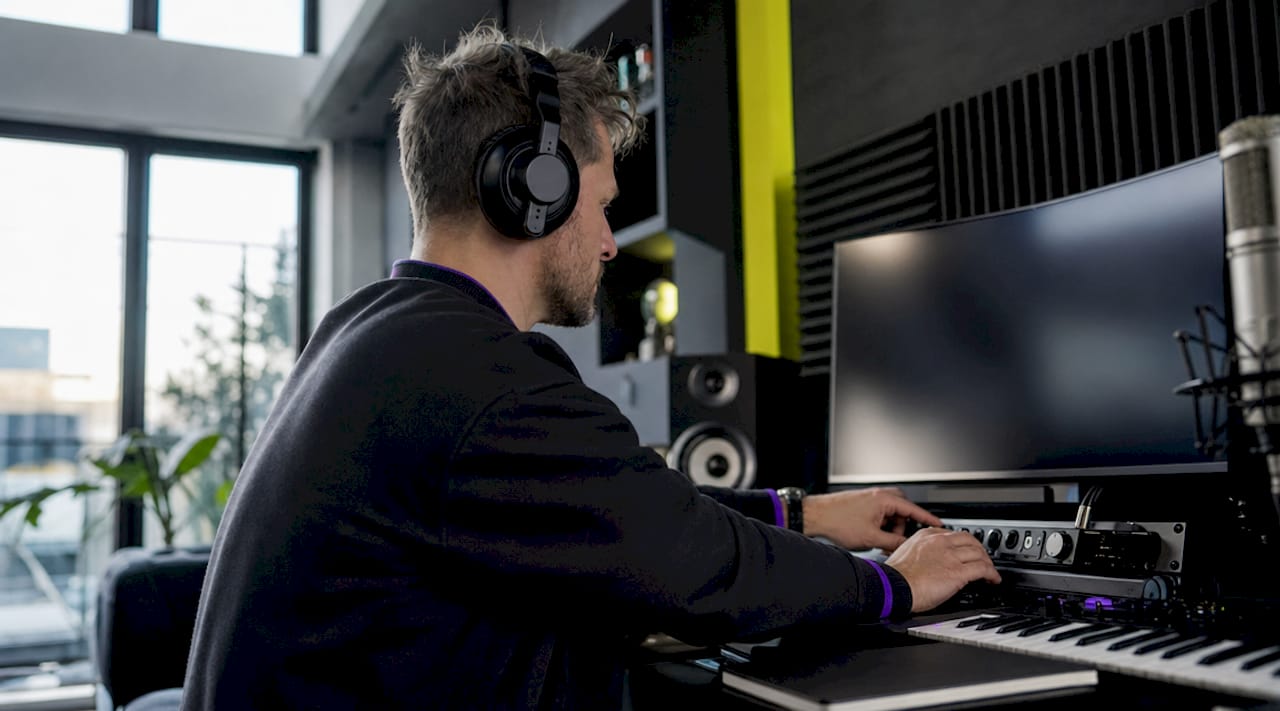 Audio engineer adjusting low latency monitoring setup