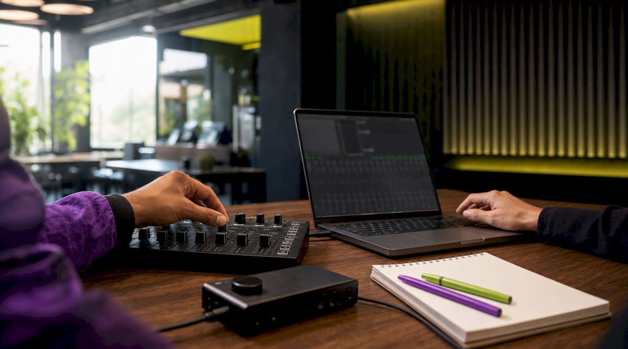 Hands adjusting DAW controls in studio