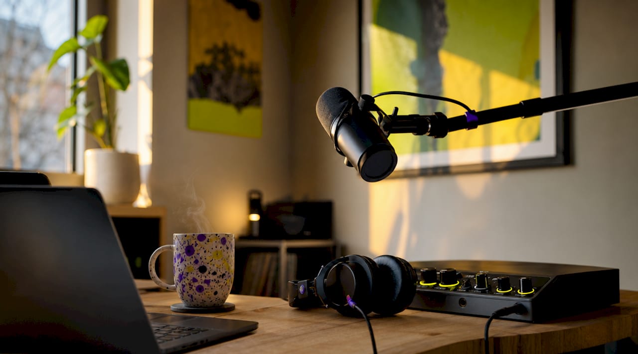 Entry-level microphone and audio interface on home desk