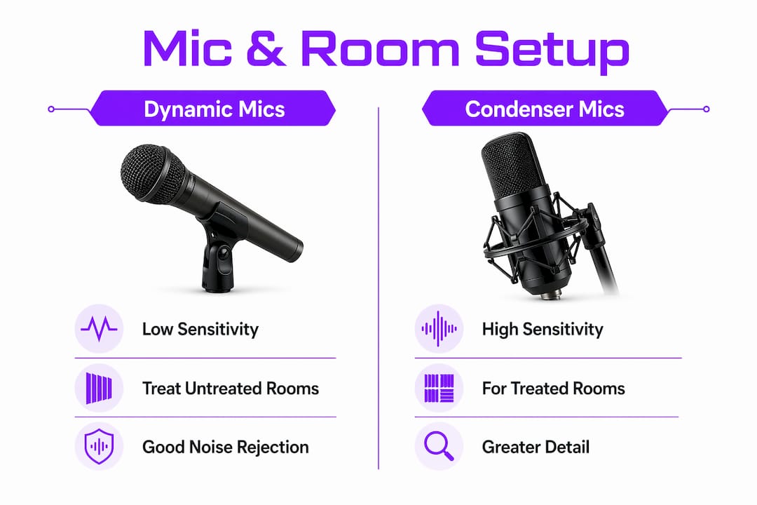 Infographic comparing dynamic and condenser microphones for home recording