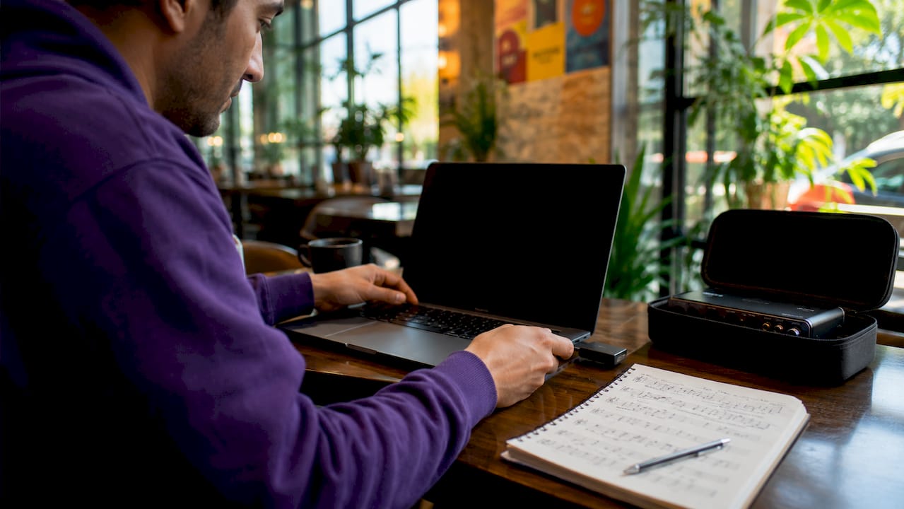 Hands connecting external SSD to laptop