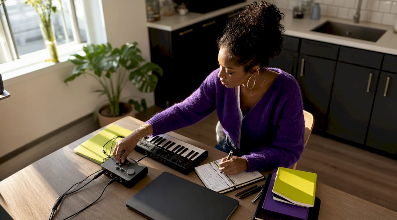 Home music producer working at laptop desk