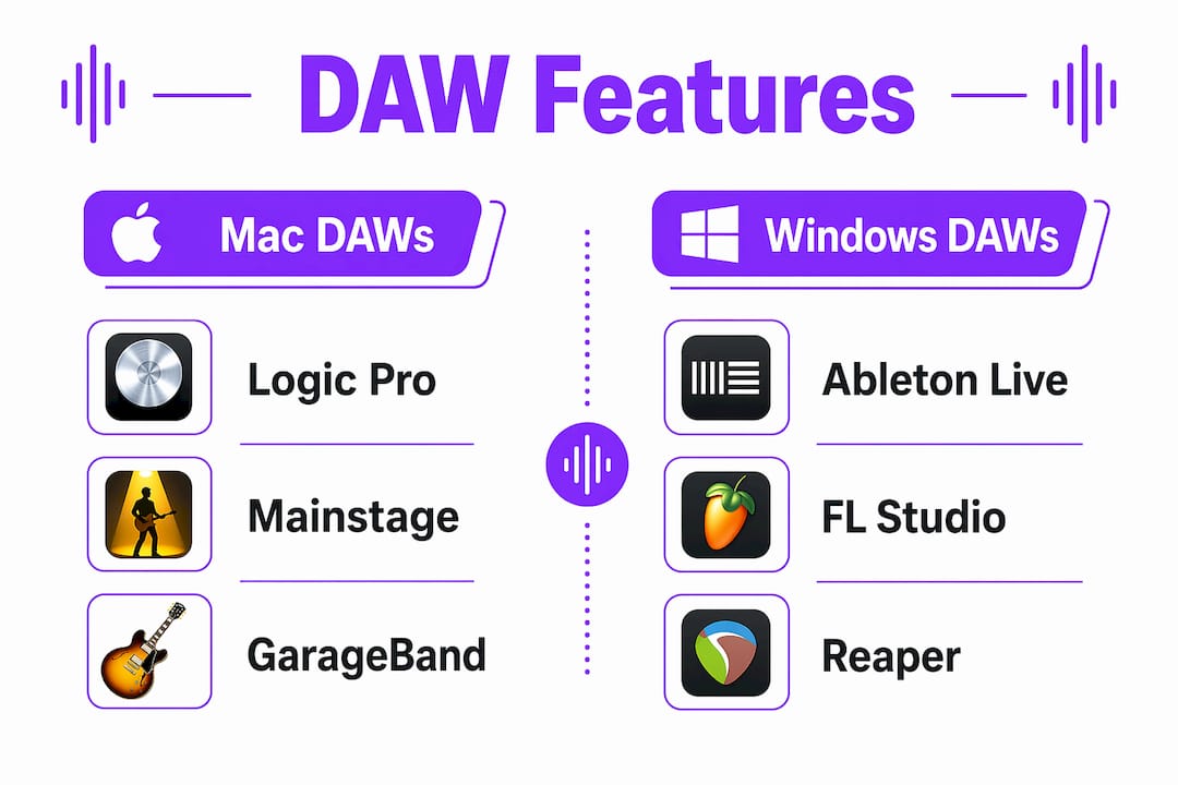 Infographic comparing Mac and Windows DAW options