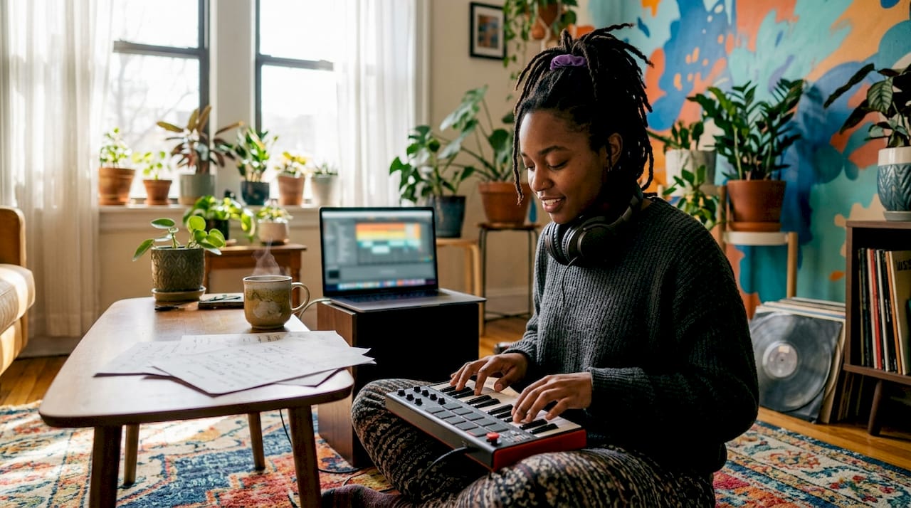 Young woman producing beats in home studio