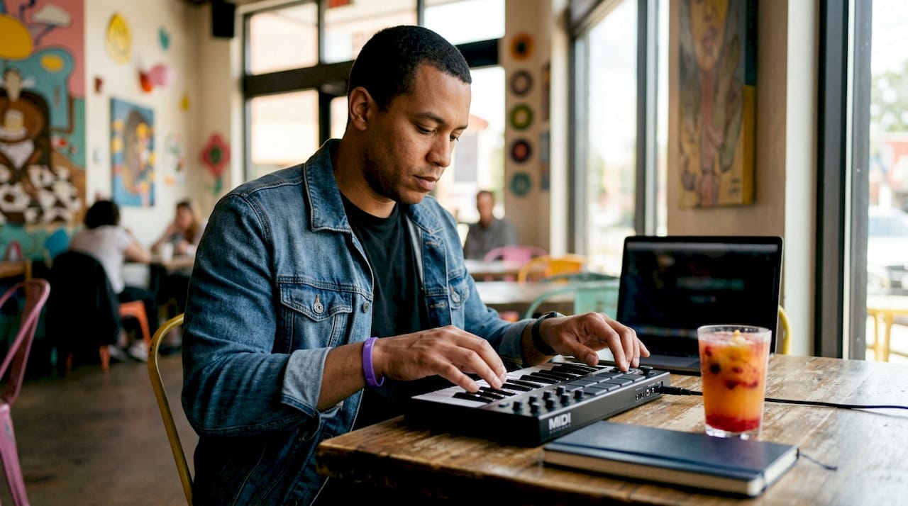 Hands playing MIDI keyboard controller