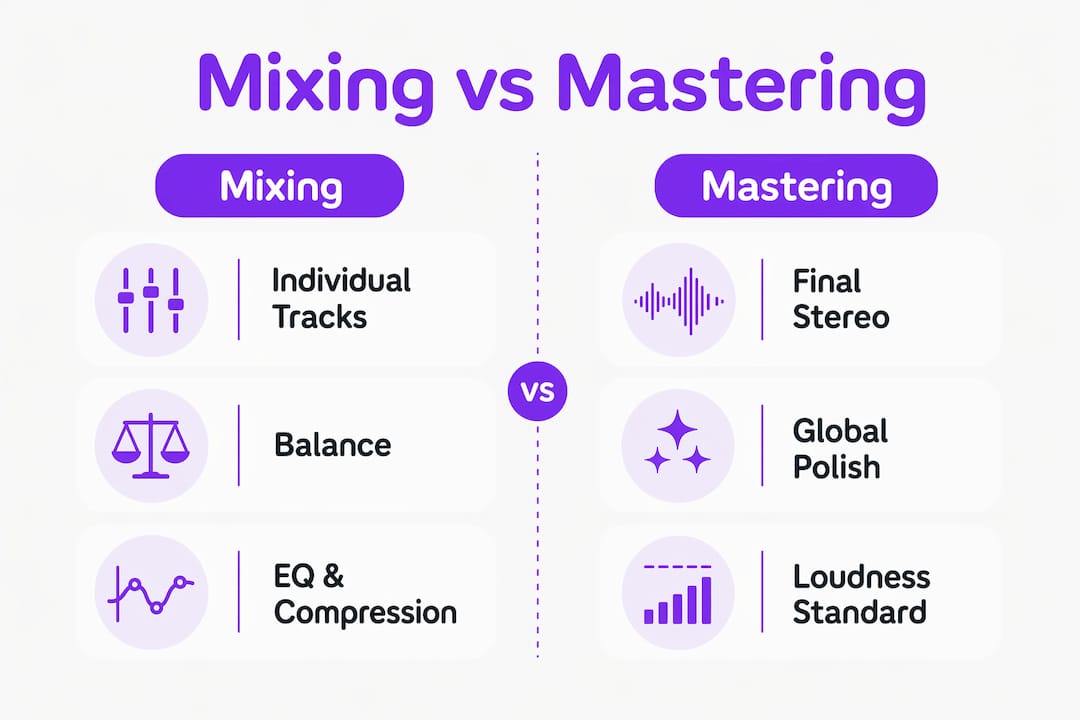 Infographic comparing mixing and mastering