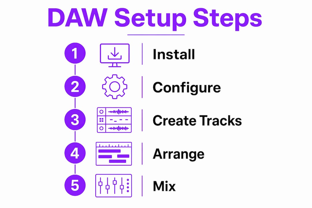 Infographic illustrating beginner DAW setup steps