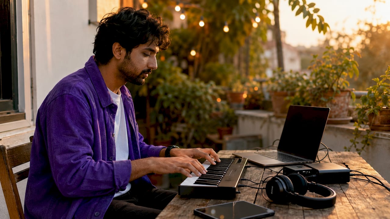 Hands playing MIDI keyboard at home studio desk