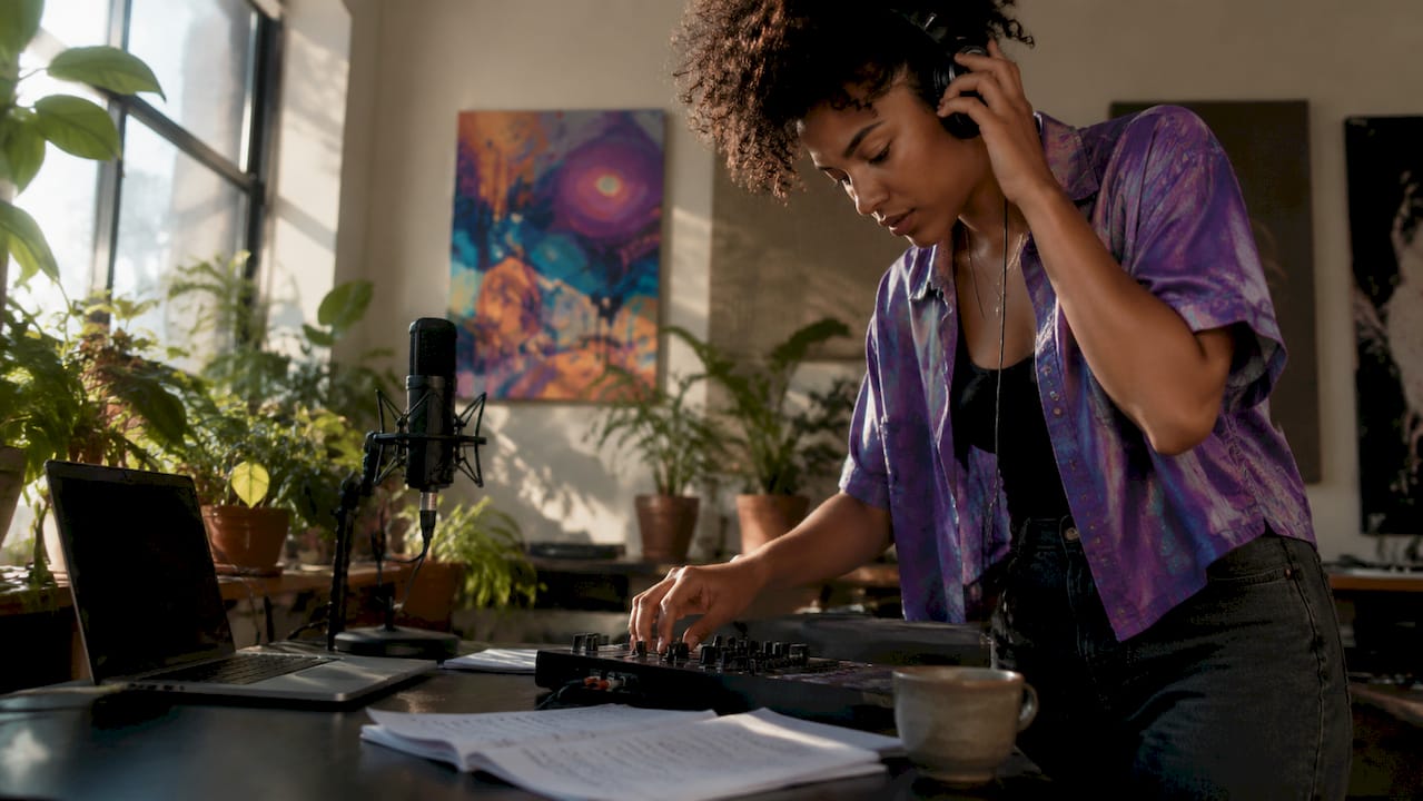 Woman adjusting MIDI controller in home studio
